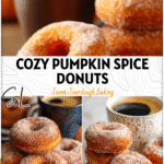 Golden sourdough pumpkin doughnuts dusted with cinnamon sugar beside a steaming coffee cup. 26